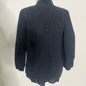J. Crew Women’s Black Embroidered Eyelet‎ Poplin Mock Neck Blouse Sz XXS